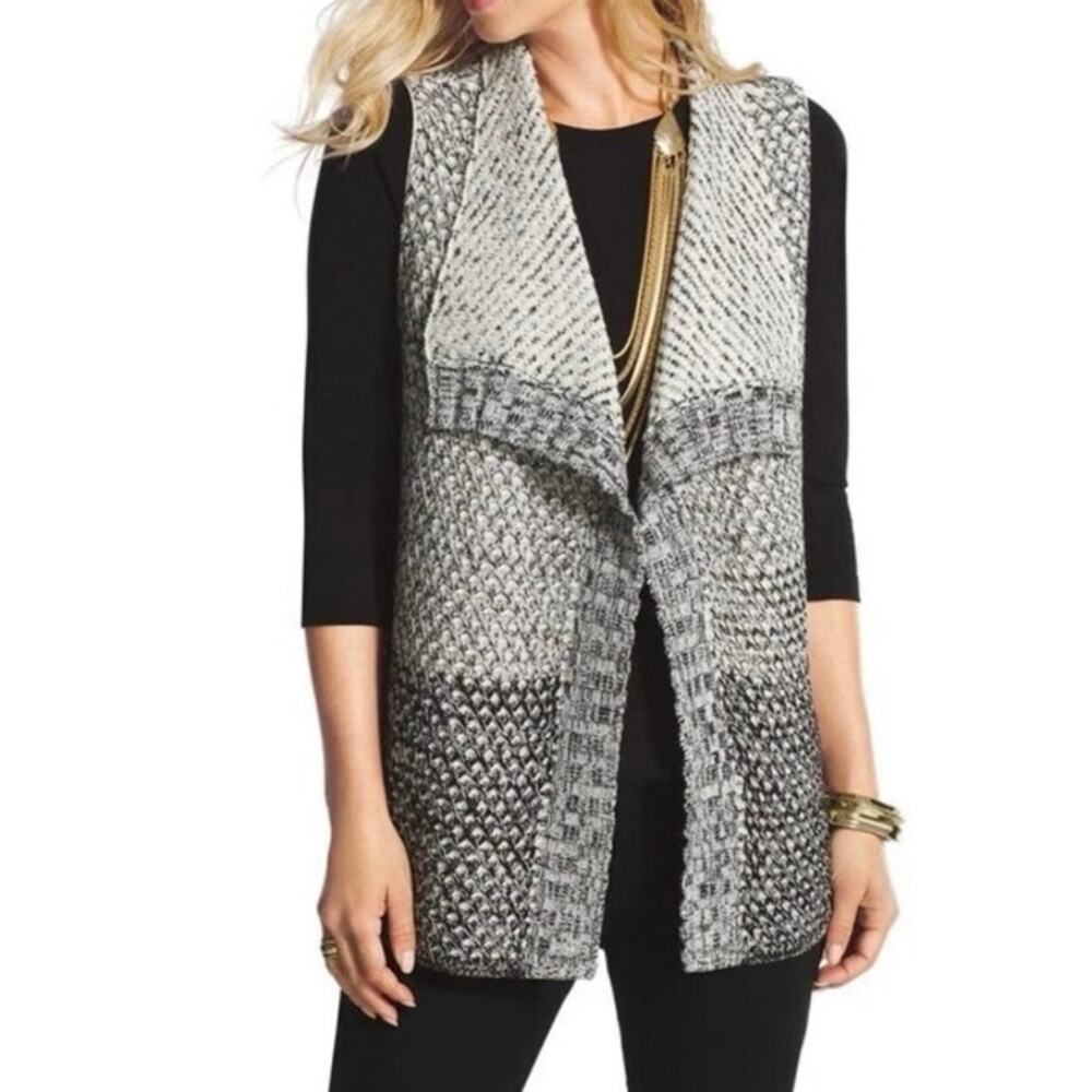 Chico’s Knit Sweater Vest Open Front Black Gray Textured Cardigan Size 2/L/12